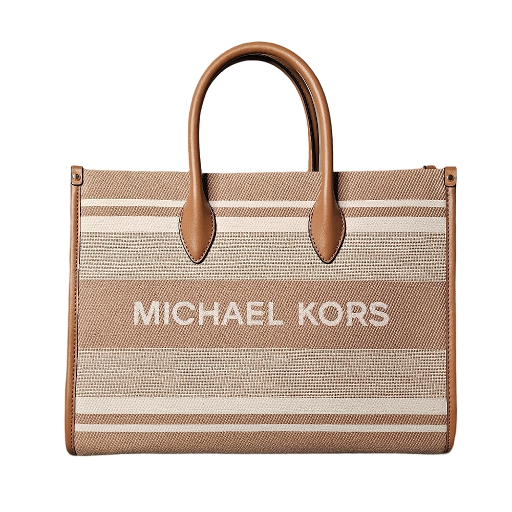 👍Michael Kors Mirella cotton canvas tote two-tone in cream and caramel brown